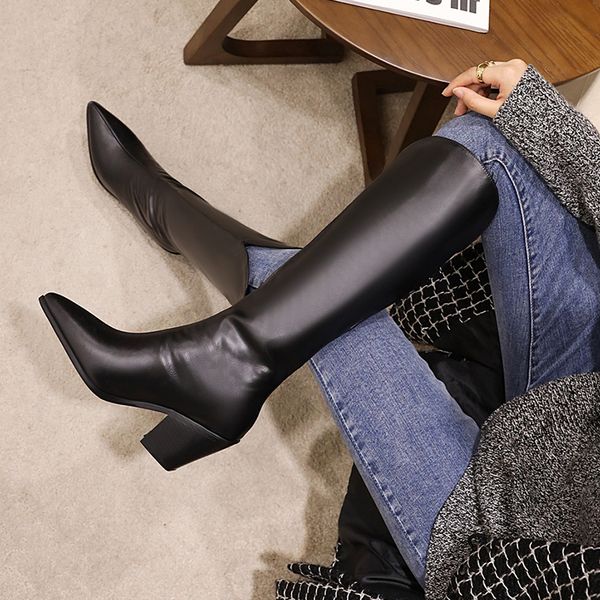 

2020 ins inverno feminino mais tamanho do joelho de salto alto senhora equitao botas 7cm saltos altos apontou toe sapatos calados j5v8, Black