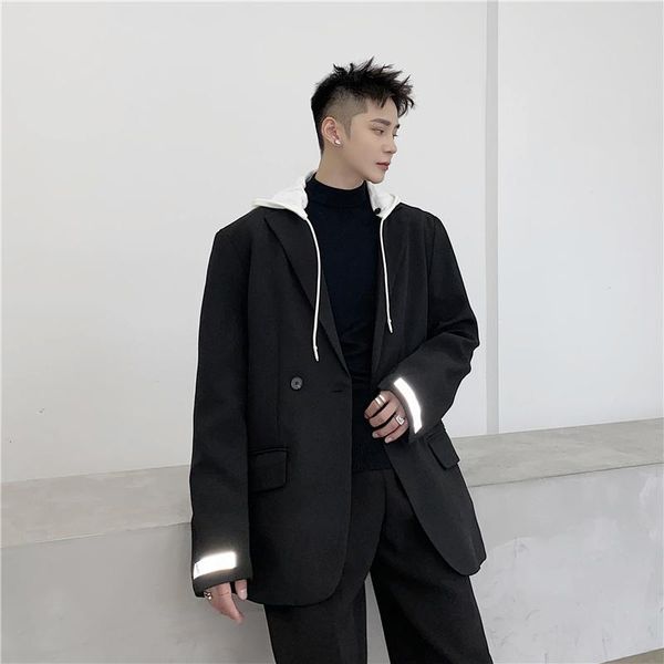 

men's suits & blazers male streetwear hip hop fashion loose suit jacket men removable hooded reflective strip casual coat outerwear, White;black