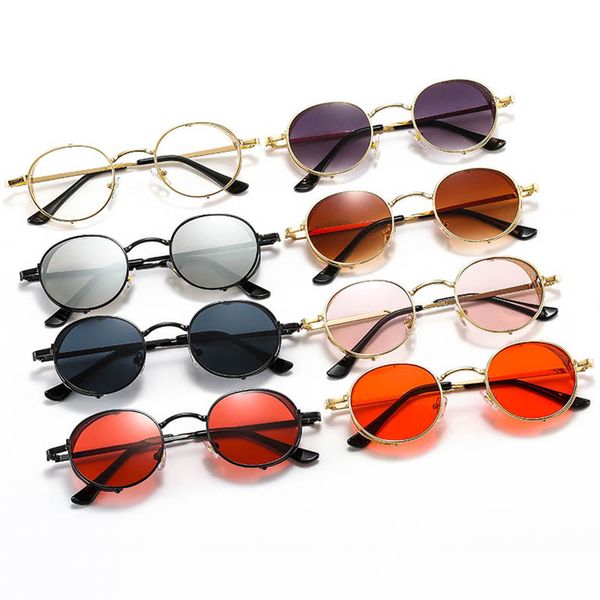 Novos óculos de sol redondos vintage quadro de metal completos pequenas lentes com asas laterais Homem legal e mulher punk eyewear