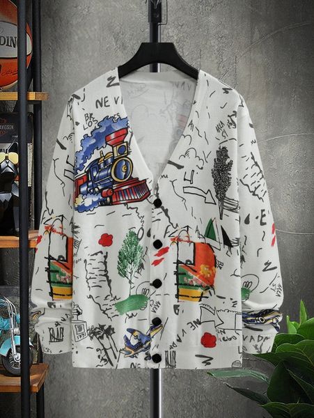 

men random train & tree pattern cardigan w51h#, White;black