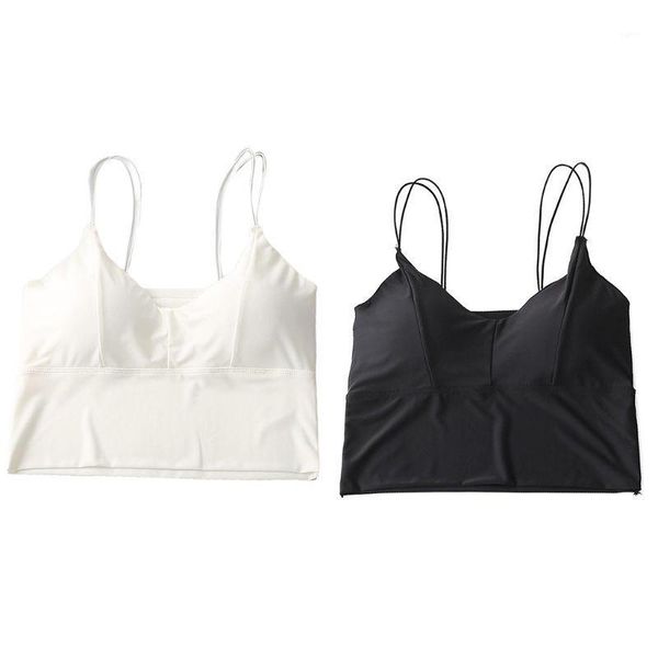 

women summer ice silk double strappy bralette wirepadded camis tube wrapped chest v-neck sleeveless underwear vest1, Black;white