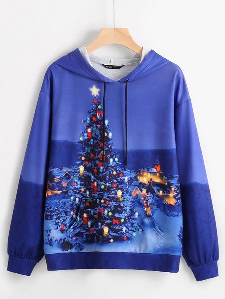 

plus christmas print drawstring hoodie j8vu#, Black