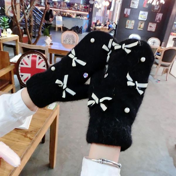 

wholesale-winter women fashion gloves fur blended gloves three bow knot rhinestones pearl wrist soft warm girl mittens, Blue;gray