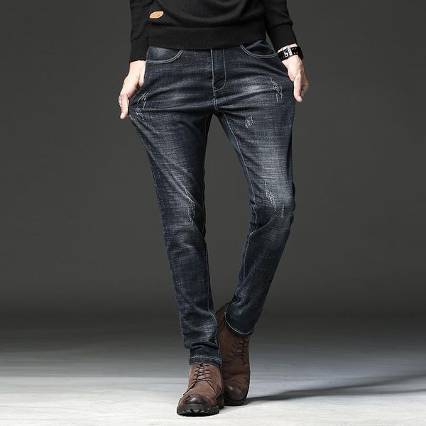 

fashion korean style men jeans casual pants four season men's slim fit personality ripped elastic denim trousers, Blue