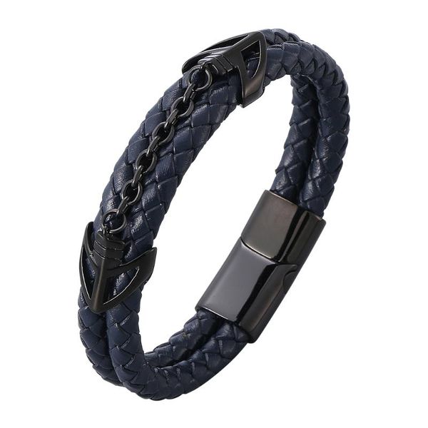

charm bracelets double 6mm dark blue braided leather bracelet men stainless steel magnetic buckle retro women bangle christmas gift, Golden;silver