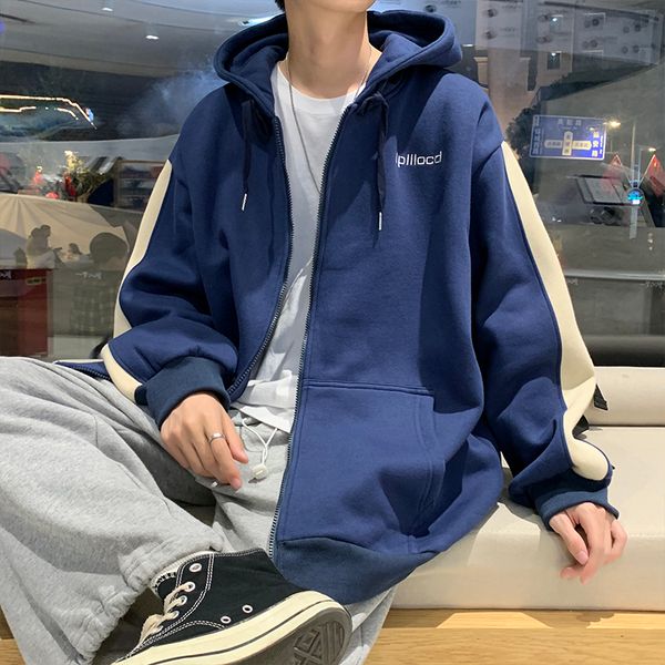 

men's sweater autumn and winter loose versatile sports baseball suit trendy plush cardigan hoodie, Blue