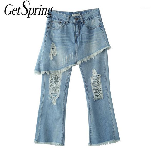 

getsring women jeans denim pants new ripped jeans false two loose denim trousers hollow out women pants wide leg1, Black;white