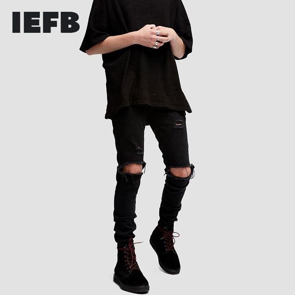 

iefb /men's wear streetwear high-quality destroyed pants holes slim stretch small feet black jeans male 2021 spring new 9y2176, Blue