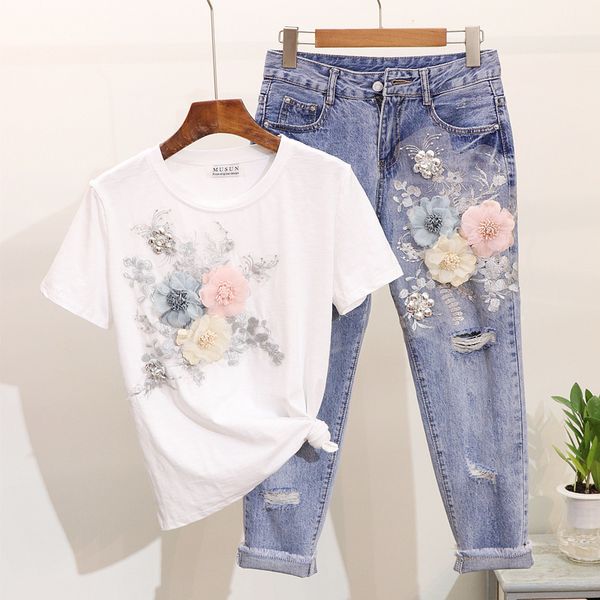 

amolapha women heavy work embroidery 3d flower tshirts + jeans 2pcs clothing sets summer casual suits y200701, White