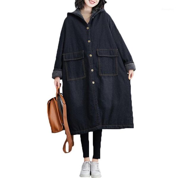 

2021 autumn winter new plus velvet thick mid-length loose large size windbreaker literary casual hooded denim trench coats 101a1, Tan;black