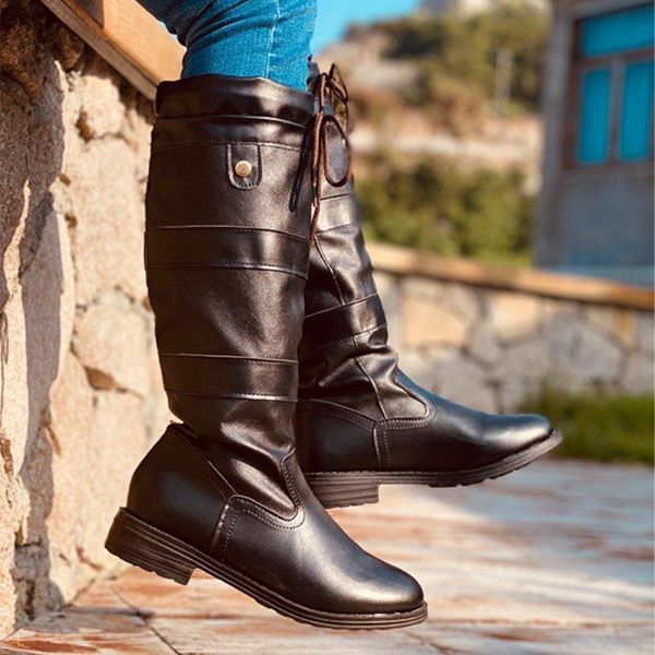 

women knee high boots warm soft leather long boots vintage ladies black brown low heels platform winter shoes bottes vt1670