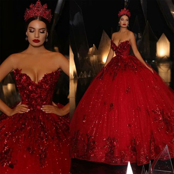 2021 vermelho lantejoulas princesa quinceanera vestidos de baile querida bling inchado vestido de baile luxo doce 16 vestido frisado apliques 207x