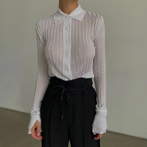 

mesh shirts long sleeve transparent turn down collar solid casual streetwear summer office lady blouse female top, White
