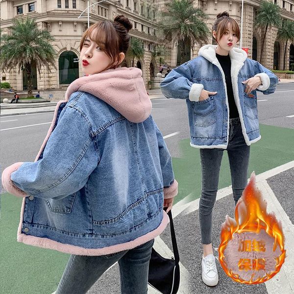 

plus velvet warm denim jacket women's winter dress 2021 new trend 100 hooded cotton dress women's clothing keep warm, Black;brown