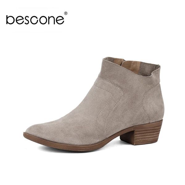 

bescone fashion ladies ankle boots basic round toe gray square heel shoes women cow suede zipper handmade med heel boots by19, Black