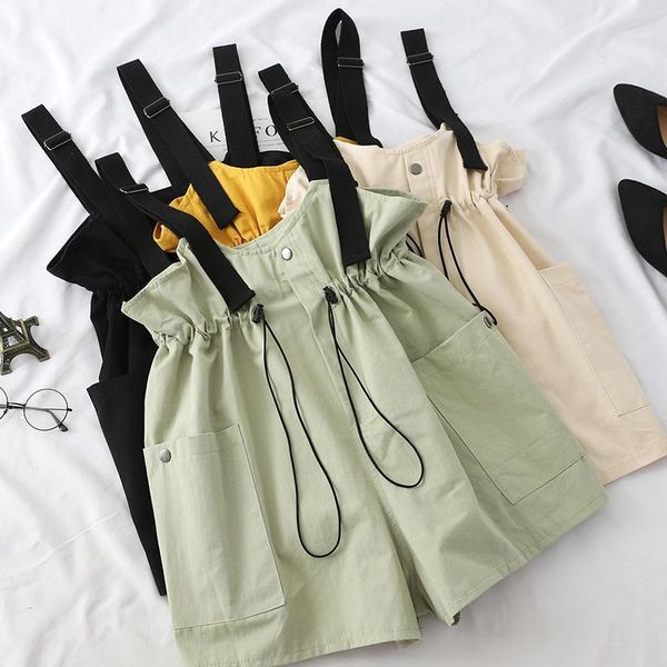 

overalls female rompers adjustable drawstring playsuits button rompers elastic waist lady 2020 summer fashion playsuits1, Black;white