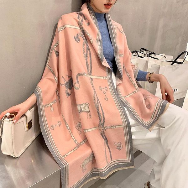 

Winter Scarf High Quality Cashmere Shawls Lady Scarves Women Thick Warm Blanket Wraps Horse Print Brand Female Foulard, Blue;gray