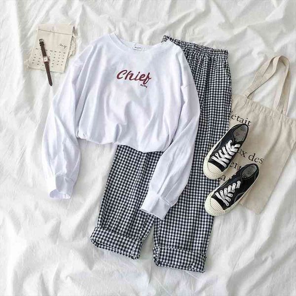 

ins womens two-piece suit] korean students long-sleeved t-shirt plaid casual trousers outfits for women, White