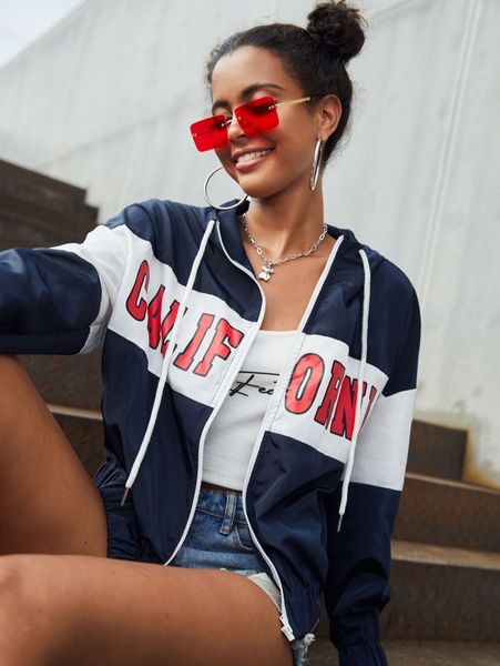 

letter graphic two tone drawstring hooded jacket 62kb#, Black;brown