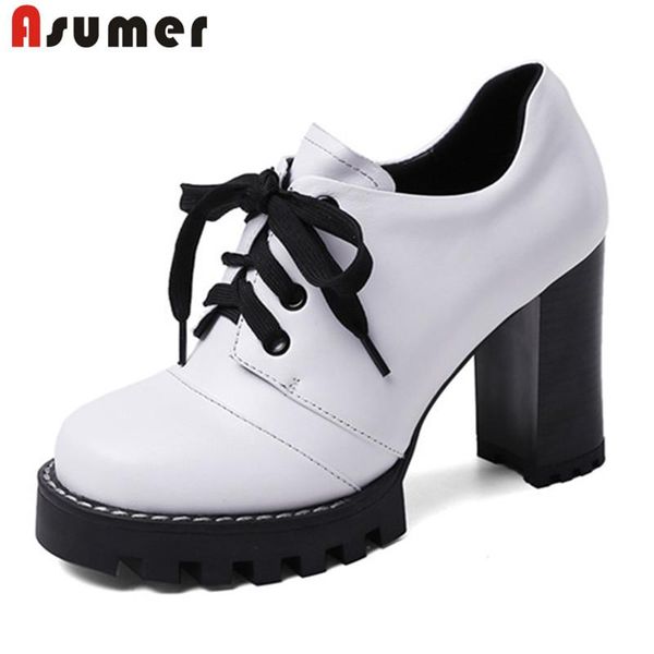 

dress shoes asumer 2021 high heel platform ladies genuine leather round toe lace up fashion brand single women pumps, Black
