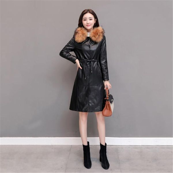 

women's leather & faux 2021 winter plus cotton women coat thick size length jacket female boutique fur collar warm pu outerwear yh551, Black