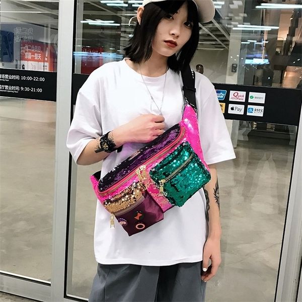 Цветные блестки женские талии сумка большая емкость хип-хоп Фанни пакет многократных карманов ремень женское плечо через плечо сундук 220216