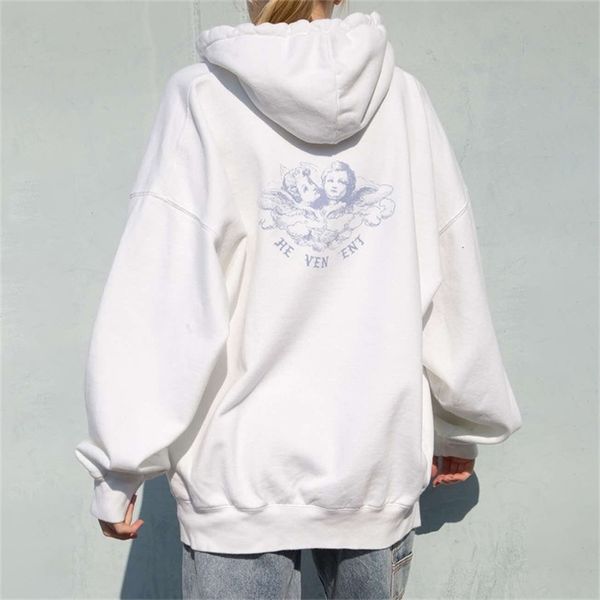 

vintage white angel print hoodie women autum new white cotton long sleeve zipper female casual chic streetwear hoodied lj200808, Black