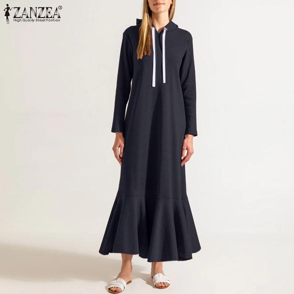 

elegant ruffle hoodies dress women's autumn sundress zanzea 2020 casual long sleeve hooded vestidos female drawstring robe s-5xl, Black;gray
