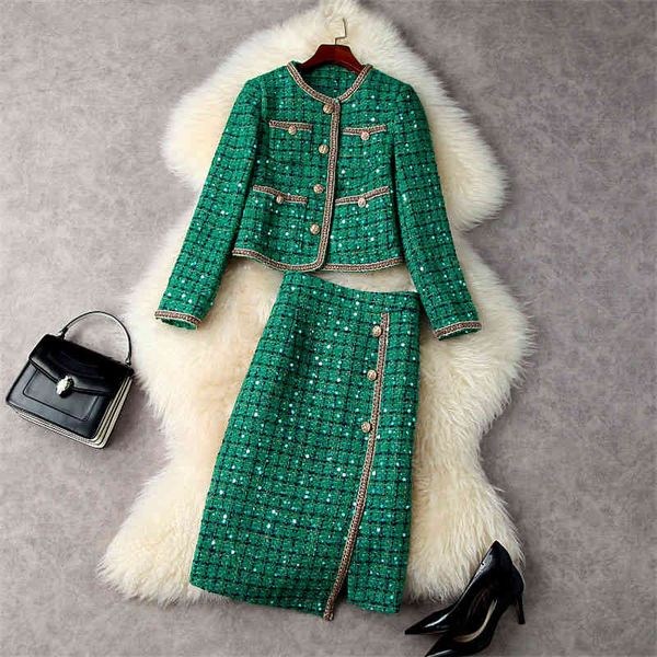 

designer fashion women's suit with skirt winter 2021 luxury green sequins tweed jacket and plaid elegant party outfits, Black;white