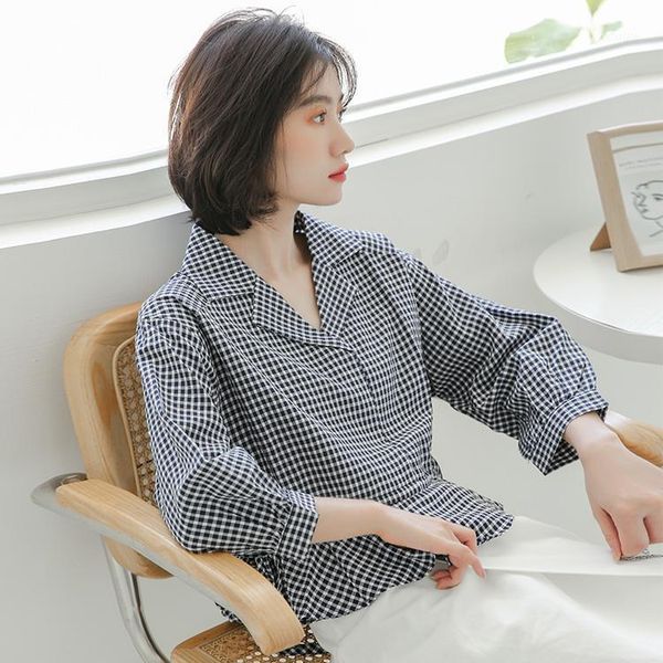 

new women harajuku blouse 2020 spring summer fashion v-neck plaid cotton linen shirt female casual cropped 1, White