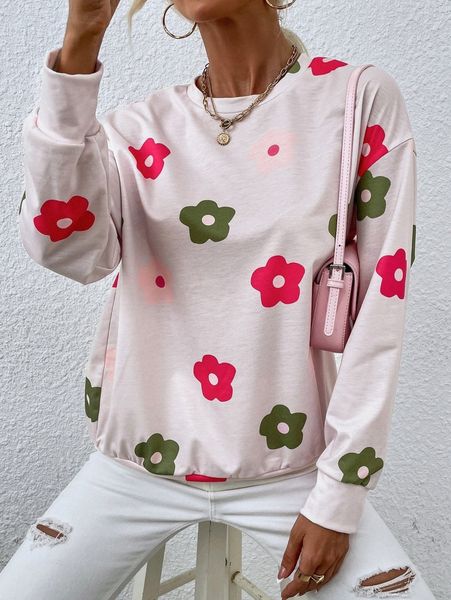 

floral print drop shoulder pullover i1z9#, White;black