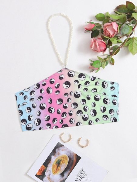 

plus yin and yang print pearls halter sleep h03u#, Black;white