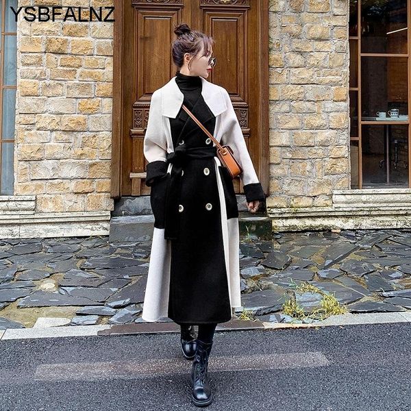 

kobieta kurtka 2021 hit color black white woolen coat women elegant with sashes full sleeve lapel collar trench autumn fashion