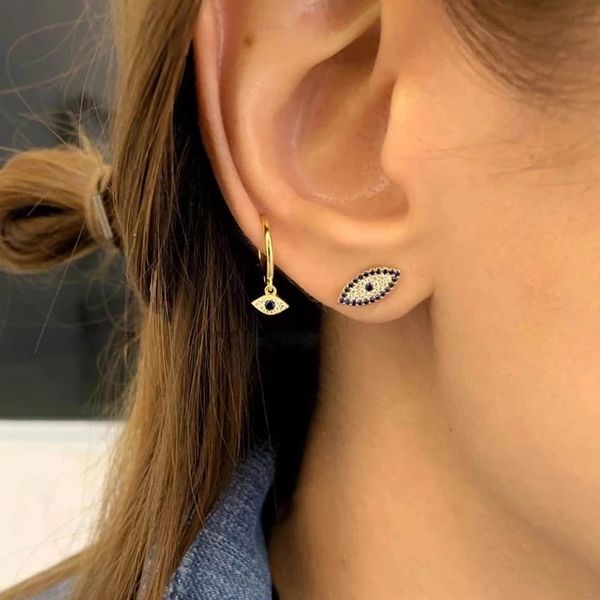 

wholesale 925 sterling silver micro pave white blue cubic zirconia evil eye stud earrings for women girl minimal party jewelry, Golden;silver