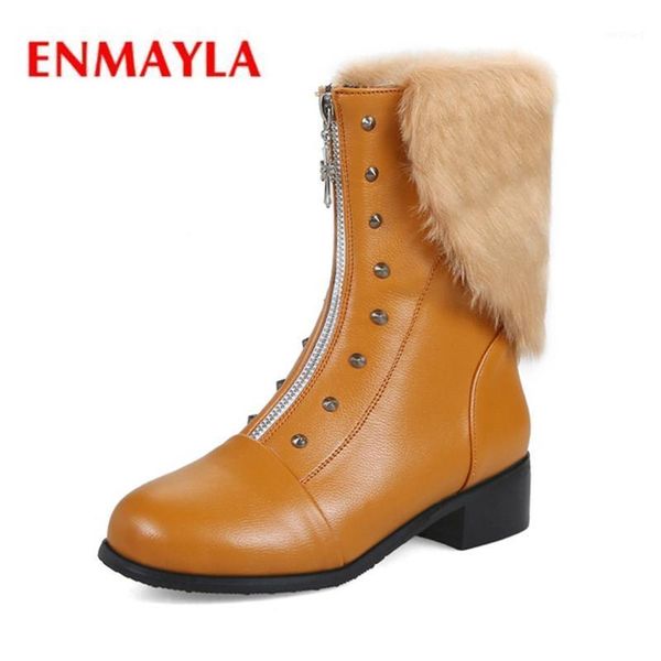 

enmayla 2020 new fashion women round toe front zip rivet mid-calf boots lady square heel boots big size 34-43 zyl5441, Black
