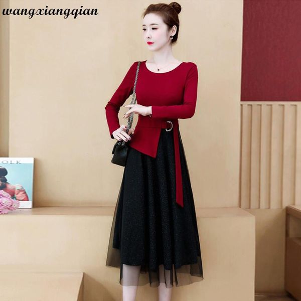 

casual dresses plus size women's thickened dress 2021 autumn winter fashion mesh splicing mid-length female 5xl o-neck vestidos z3, Black;gray