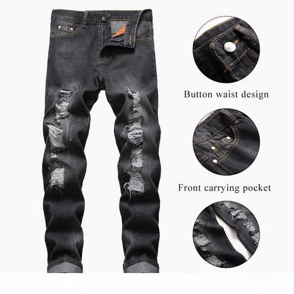 

calofe 2019 fashion ripped hole jeans men hollow out beggar cropped motorcycle biker pants mens cowboys demin pants, Blue