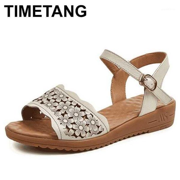 

sandals timetang promotional cowhide flower summer shoes woman fashion 2021 soft sole non-slip clothing flat casu1, Black