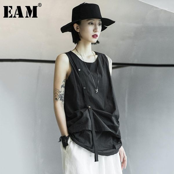 

eam] women black double layers stitch irregular t-shirt new round neck sleeveless fashion tide spring summer 2020 1x0181, White