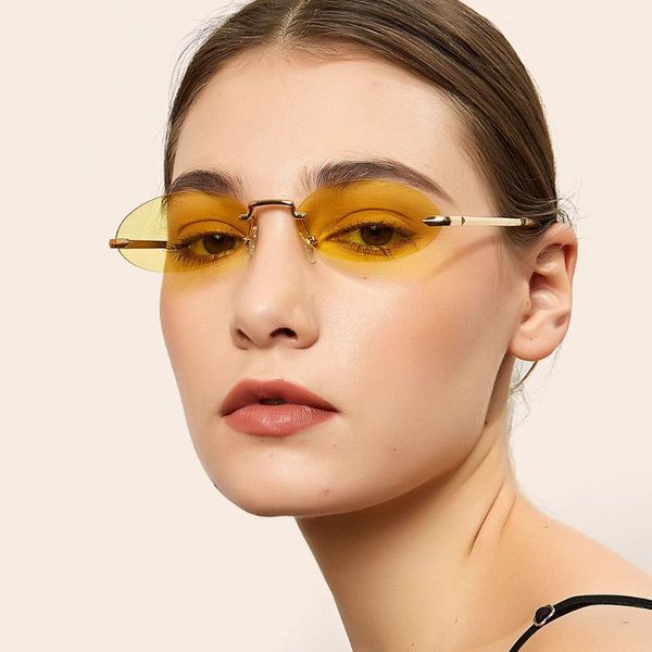 

sunglasses round rimless frameless metal women vintage oval colorful sun glasses men pink yellow small lens mini cool eyewear, White;black