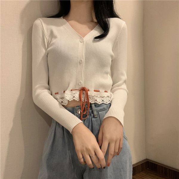 

2021 new knitted cardigan women thin lace solid korean swaeter coat fashion female clothes slim short knitwear new women's autumn l9ed, White;black