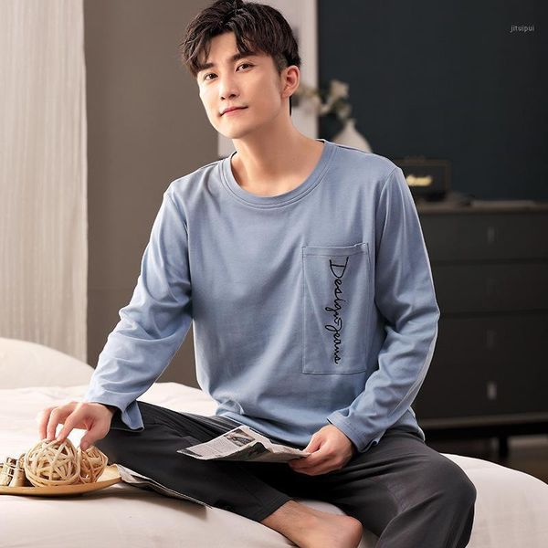 

new style cotton pajamas spring and autumn style men's home wear long-sleeved thin plus fat large size suit men fashion1, Black;brown