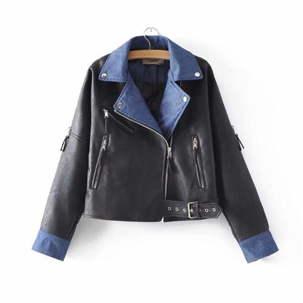 

new women faux leather jacket casual zipper denim collar stitching basic coat slim pu leather jackets female1, Black