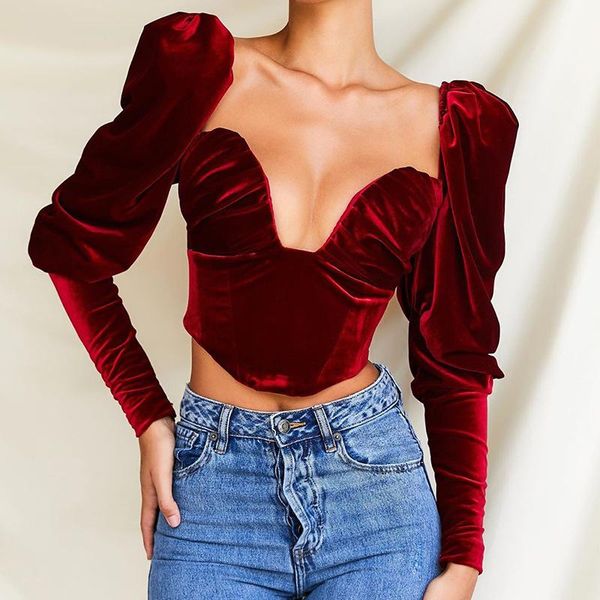 

vintage puff sleeve tube women deep v neck blouse autumn new solid color slim fit wrap chest blouses lady crop top, White