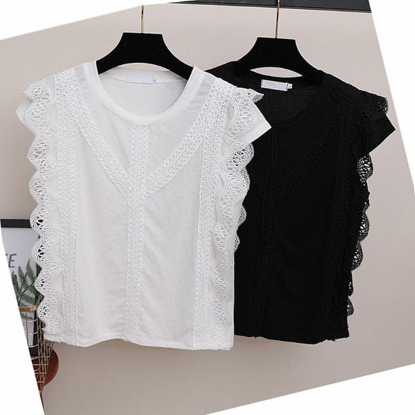 

chiffon blouse women sleeveless casual vest lace hollow out crop blouse shirts o-neck ladies solid lace tank, White