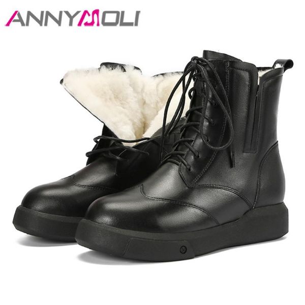 

boots annymoli natural leather real wool fur ankle women platform flats snow round toe cross tied warm short winter, Black