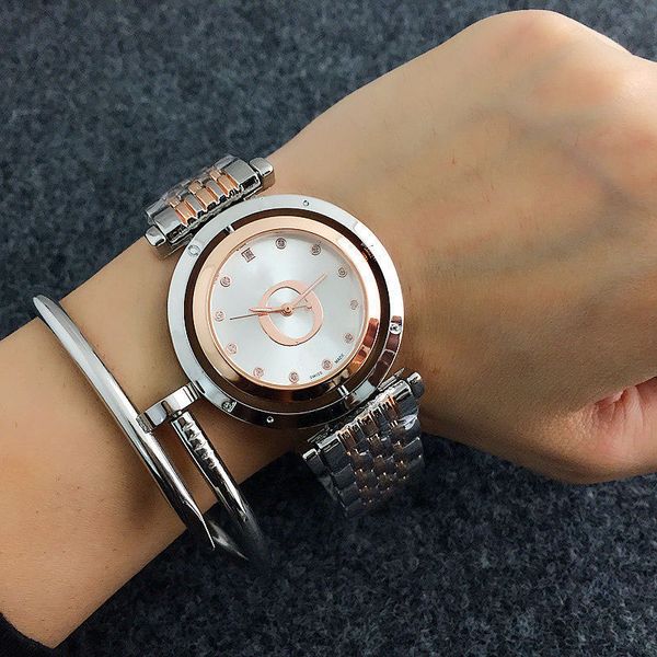 Mode Marke Uhren Frauen Mädchen Kristall Drehbare Zifferblatt Stil Metall Stahl Band Quarz Armbanduhr P19