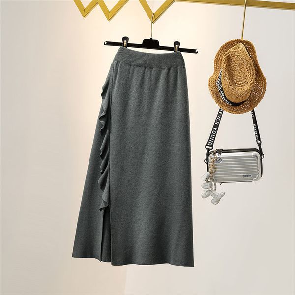 

2021 new ruffled women knitted and crocheted long a line autumn thick winter sweater midi skirt femme phallus y316 x4p4, Black