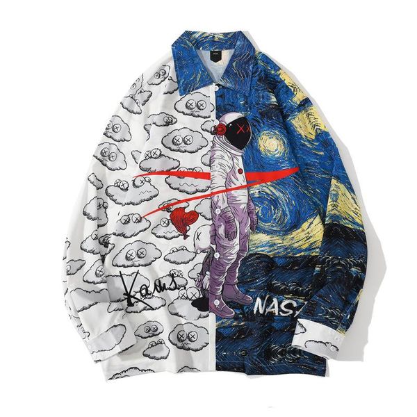 

men's casual shirts universe starry sky 3d print hip hop loose long sleeve shirt men autumn soft comfortable camisa masculina s, White;black
