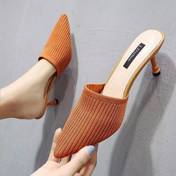 

knitted elastic mules slippers home women high heel female sock shoes summer brand designers zapatillas mujer casa #zg4l
